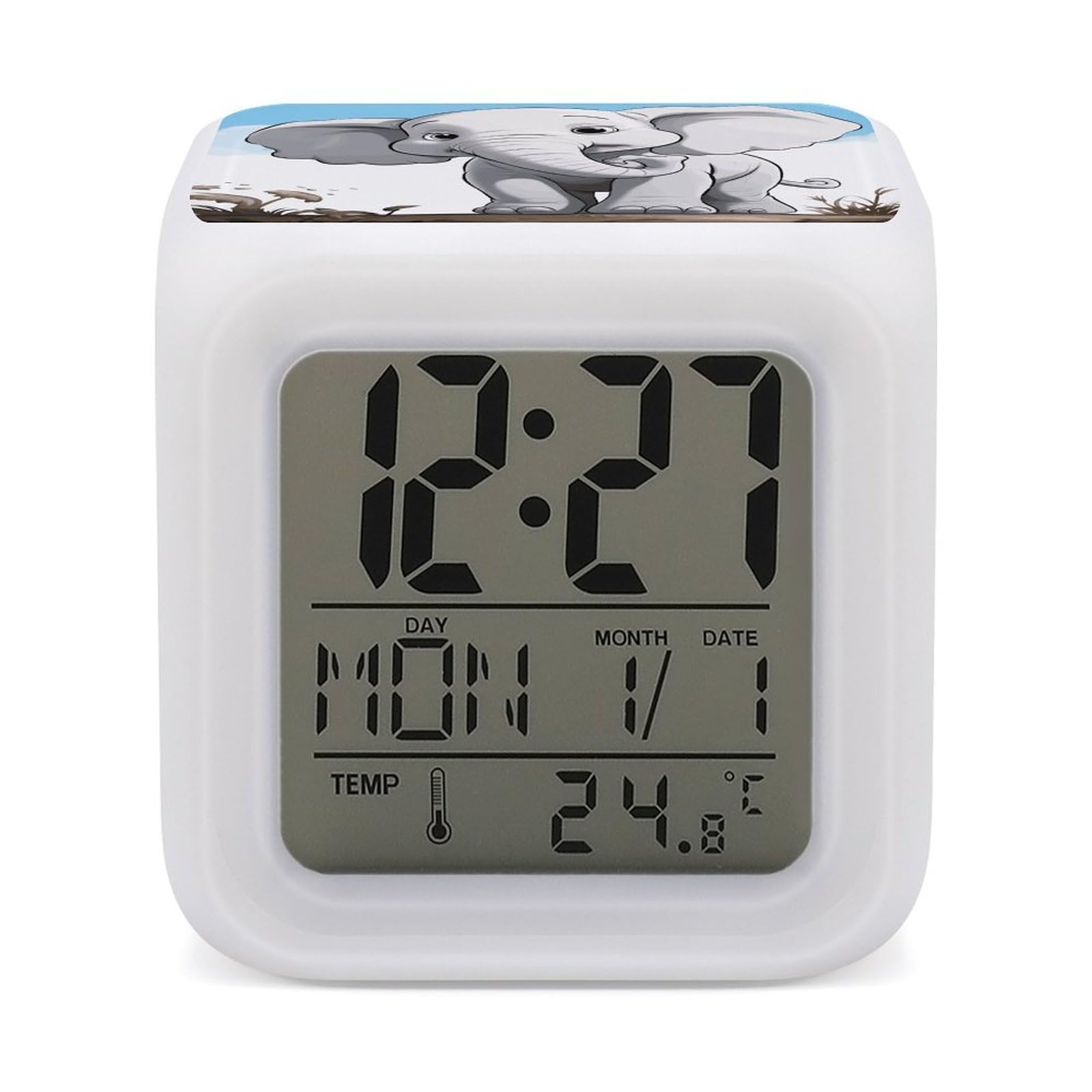 VstaDank White Elephant Alarm Clock with 7 Color Changing Night Light Date Temp Display Wake Clocks LED Display Digital Clock Electric Desk Clocks for Living Office Bedroom Decor