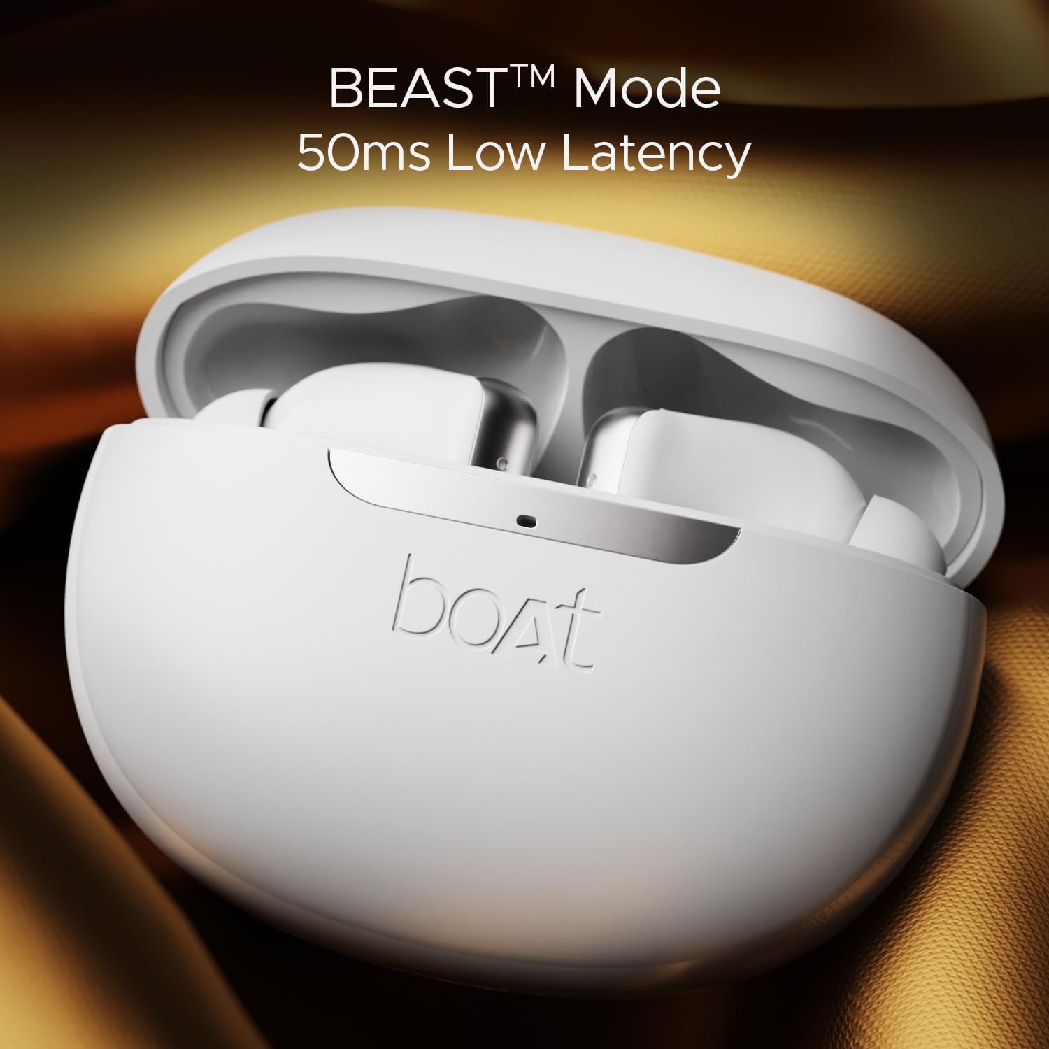 Airdopes 141 ANC charging case open with text 'BEAST™ Mode 50ms Low Latency'