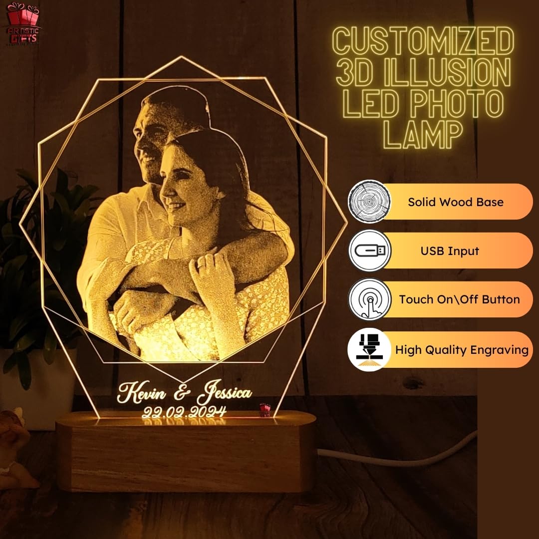 Artistic Gifts Acrylic Handcrafted Personalized 3D Illusion Photo Lamp for Couples| Customized Photo Frame Night Lamp Wedding Anniversary Gift for Valentine, Couple, Wife, Husband, Parents, Friends. 1