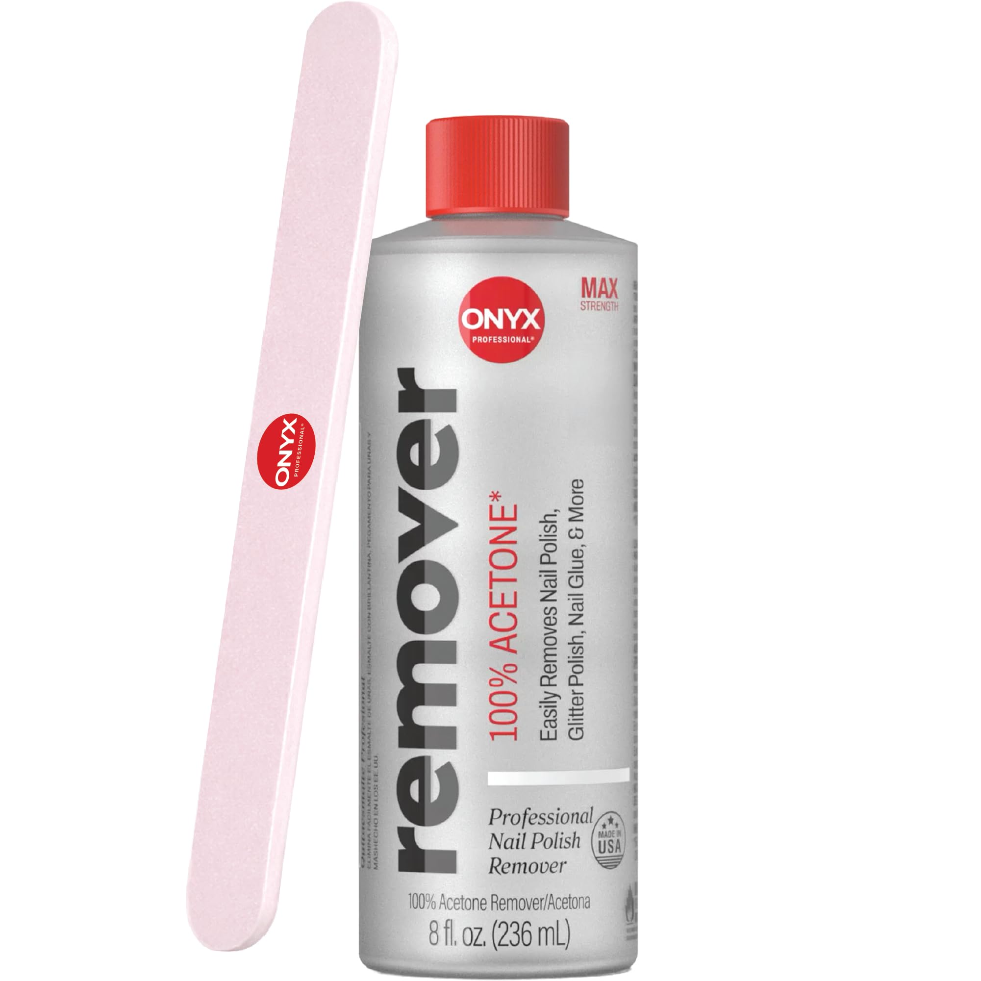 100% Pure Acetone Nail Polish Remover Kit with 7 inch Nail File, 8 fl oz - Made in USA, Maximum-Strength Gel Polish Remover, Artificial & Glitter Nail Polish