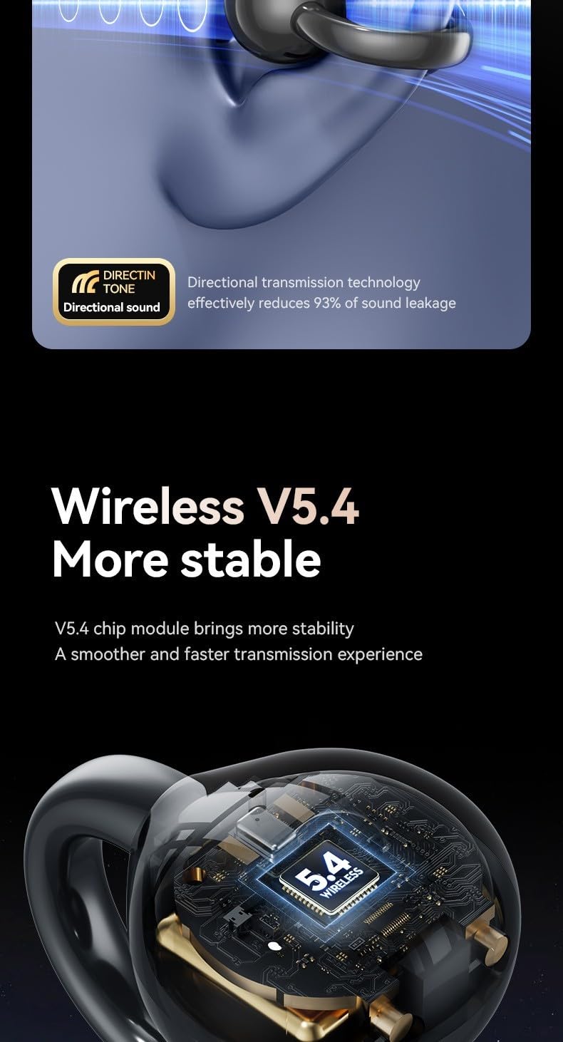 Auriculares inalámbricos de oído abierto con sonido HiFi y pantalla LED para Android y dispositivos, ajuste ligero y cómodo para juegos, música y llamadas (traducción en negro)