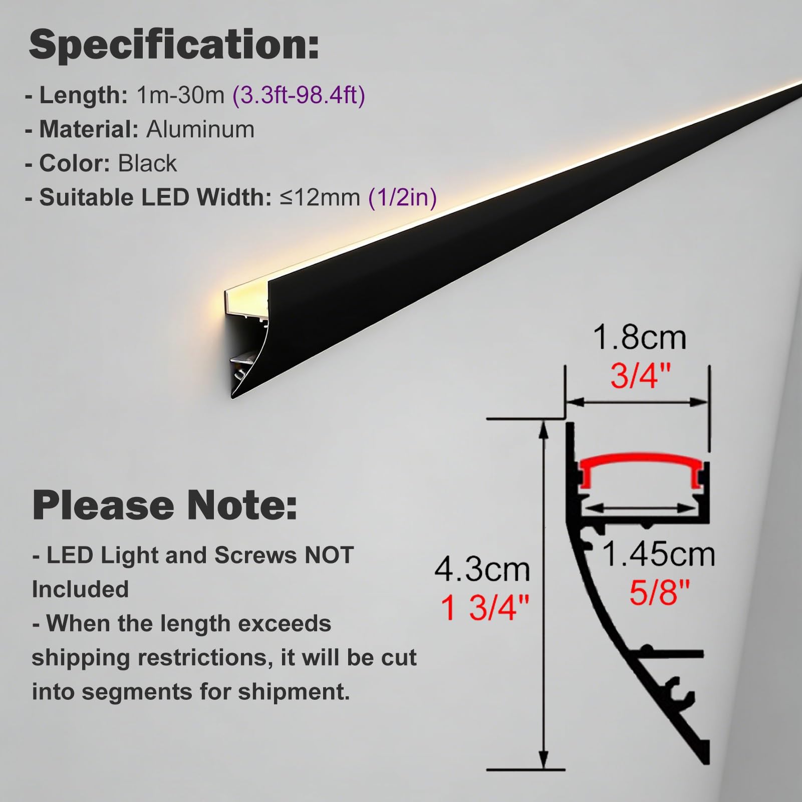 Canale con striscia luminosa a LED in alluminio galleggiante, baia di luce a corona interna ambientale montata su superficie for decorazioni da parete, profilo di illuminazione(White,17.0m)
