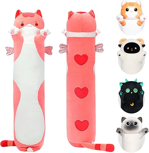 Caaaat Peluche largo de gato rosa, animales de peluche suaves con diseño de gatito, Kawaii para niños, almohada de felpa para dormir, juguetes de