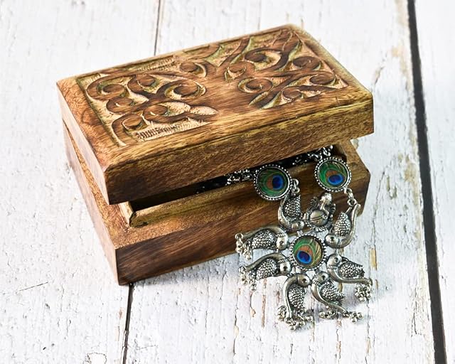 Ajuny Hand Carved Wooden Jewellery Box For Women Keepsake Storage Organizer With Tree Of Life Design 6x4 Inch