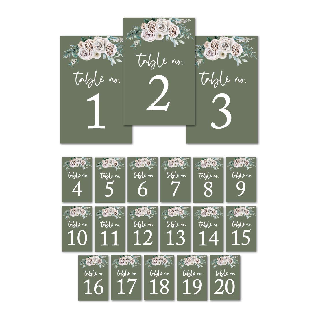 Andaz Press Sage Green with Cream Floral Blossoms Wedding Table Numbers 1-20, 4x6-Inches Table Number Cards For Wedding Reception, Boda