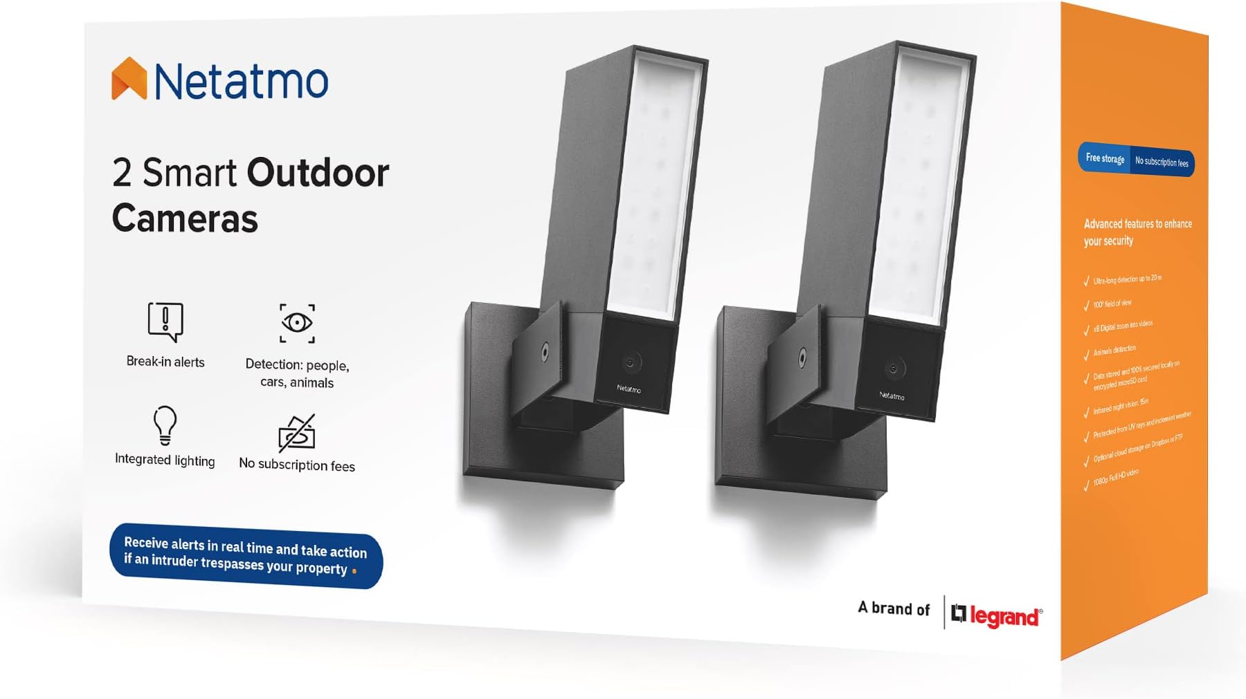 Netatmo2 Smart Outdoor Security Cameras pack, Wi-Fi, Integrated Floodlight, Movement Detection, Night Vision, Without Fees,NBU-2-NOC-AMZ