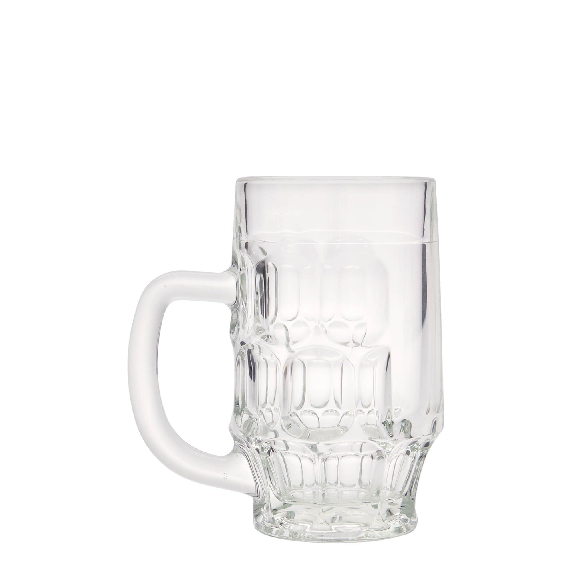Set di 12 boccali da birra da 300 ml, in vetro trasparente, rotondi, robusti, ideali per birra, bevande, gastronomia, feste, casa, seta, con tratto di misurazione