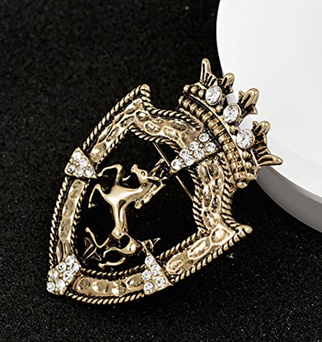 Image of Vintage Gold Tone Crown Horse Pin Brooch Retro Crystal Shield Badge Lapel Pin For Men Women