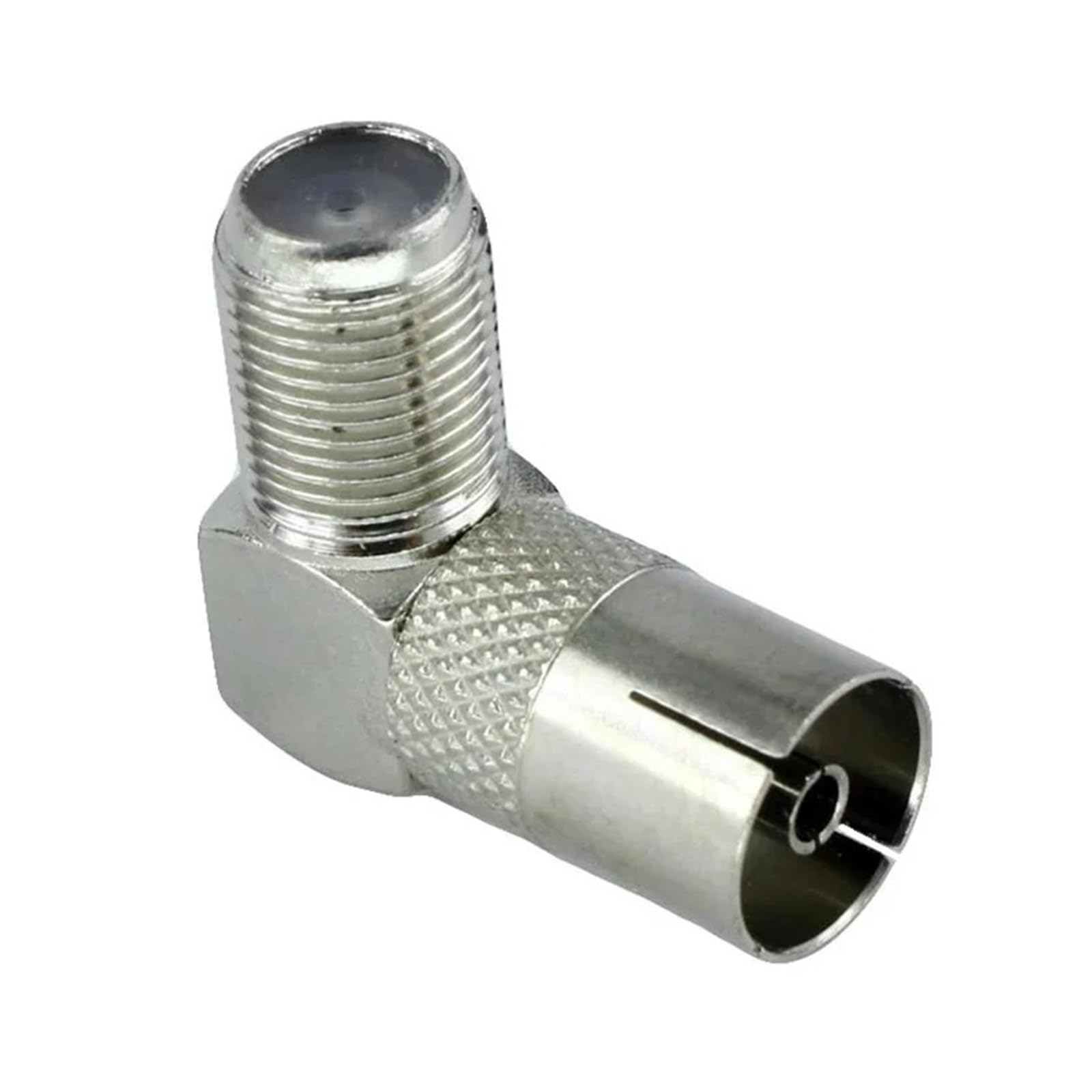 5 adattatori coassiali RF femmina F a IEC femmina, ad angolo retto di 90 gradi, 75 Ohm, nichelato, per antenna TV, cavo top box