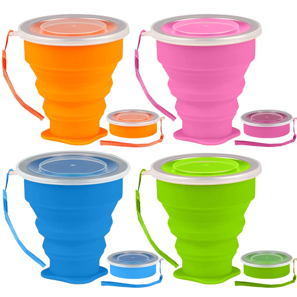 Collapsible Cup - Portable Silicone Foldable Cup With Lids - Colorful Expandable Folding Cup For Travel, Camping, Hiking, Survival, Car, Picnic, Beach, Holiday Vacation, Outdoor Sport [7.10oz](4 pack)
