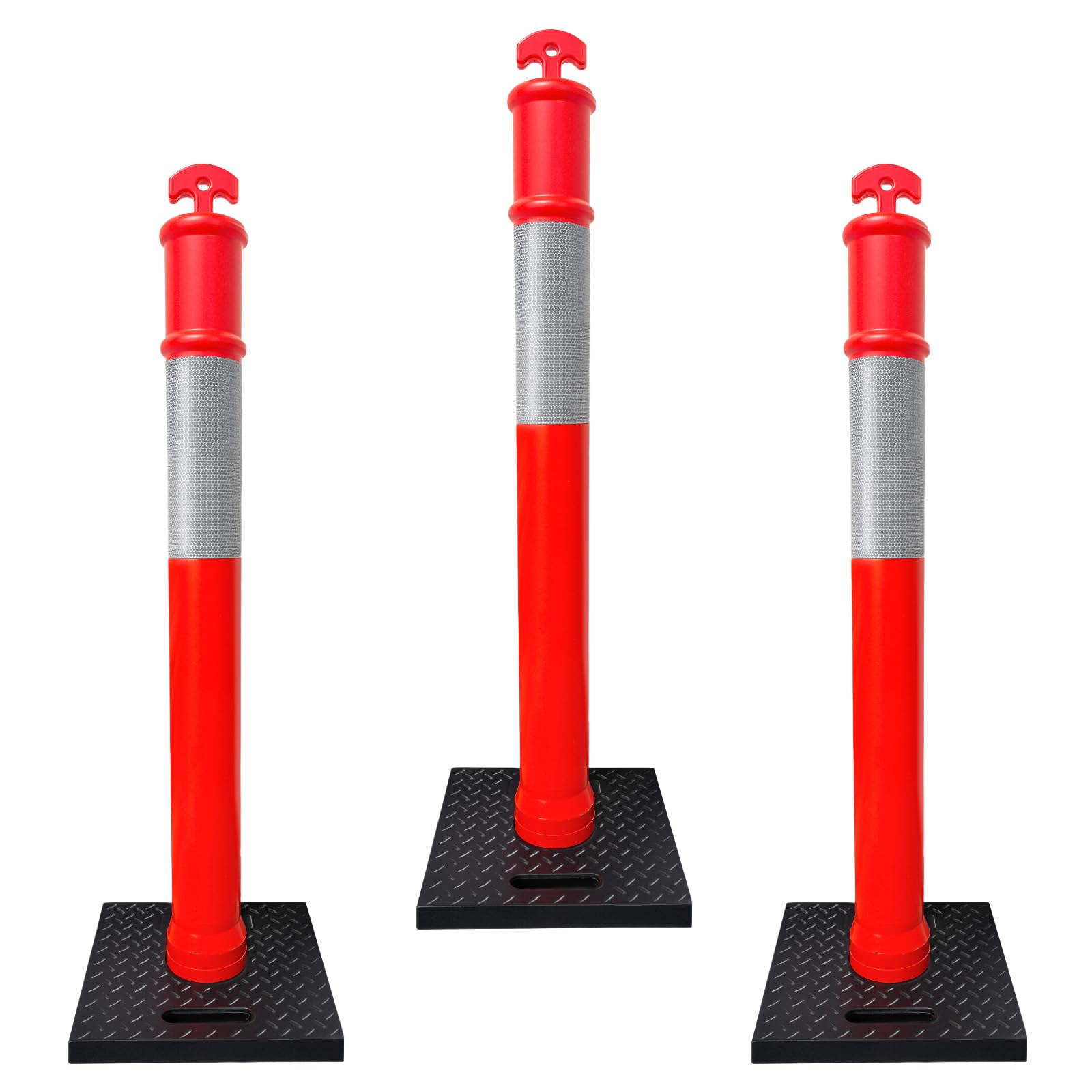 (3 Pack) CJ Safety 44 inch Traffic Delineator Posts Barrier Cones with Heavy Duty Rubber Base, Reflective Band for Parking Cones, Traffic Cones, Construction Cones (Set of 3 Caution Cones)