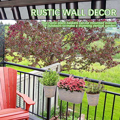 Image of PerGar 3 Pack Metal Railing Planter Box Outdoor, 10.6 inch Hanging Flower Pots with Detachable Hooks & Drainage Holes, Rail Planter Boxes for Balcony Deck Porch Fence Garden Home Decoration, Grey