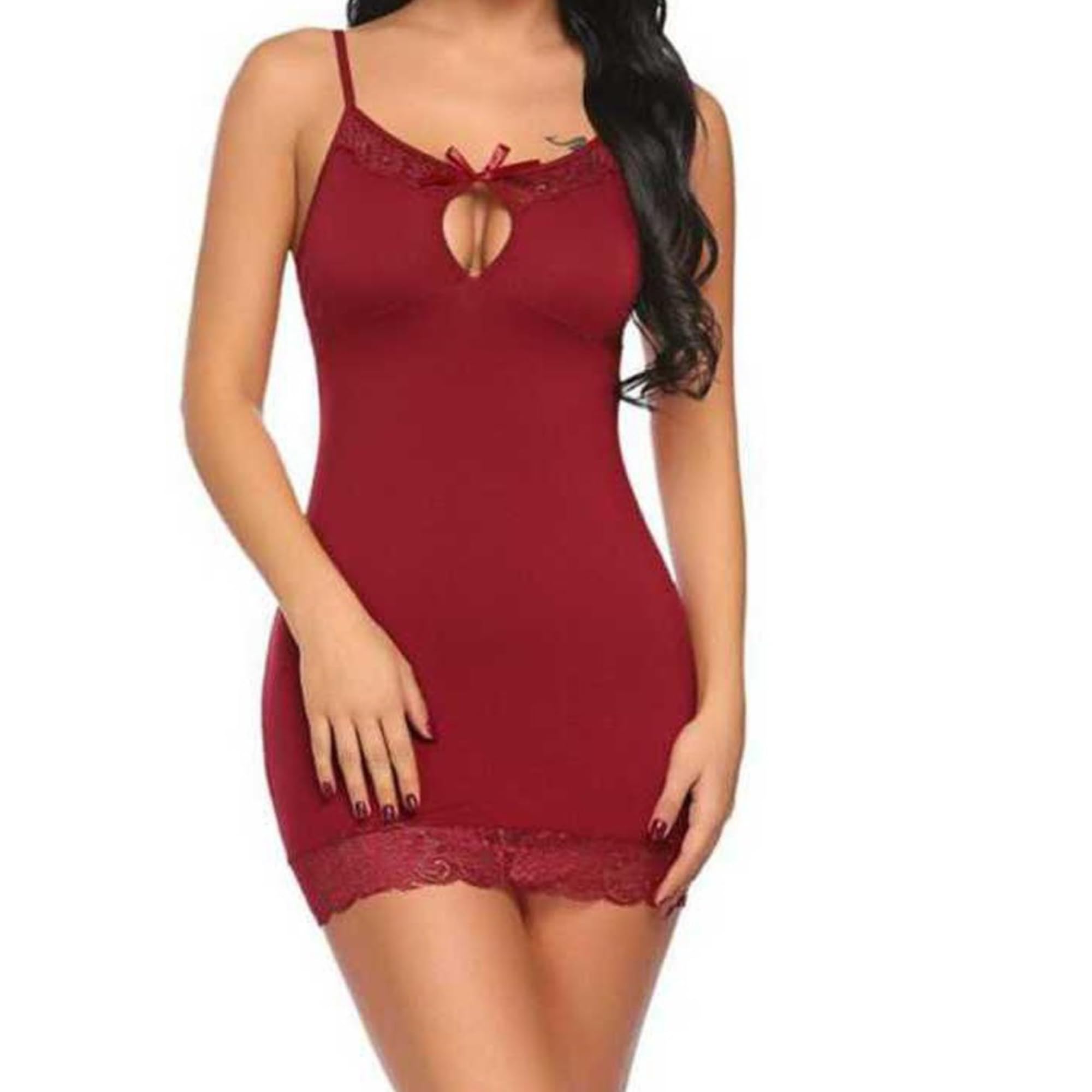 FigureFlex Women’s Sleeveless Babydoll One Piece Self Design Lingerie Set in Leopard Print with Halter Neck Wedding Nightwear for Ladies Honeymoon and Anniversary Nigh -Mini Chemise (Maroon)-image-20