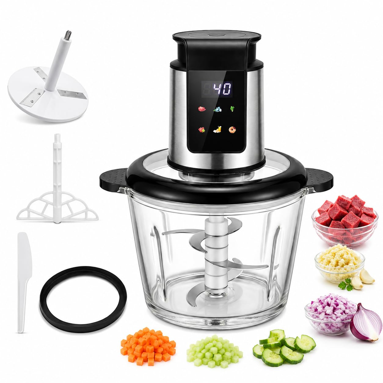 Picadora de alimentos eléctrica de 1000W con picadora de carne, 6 temporizadores LED preestablecidos inteligentes, Ideal como procesador de alimentos picadora de verduras