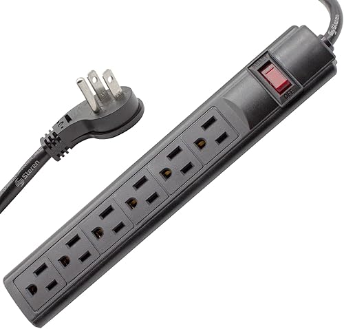 STEREN Tira protectora de sobretensiones de plástico, 6 salidas, cable de 3 pies, enchufe de ángulo recto, 240 julios, negro 905-132 disponible en Yaxa Venezuela