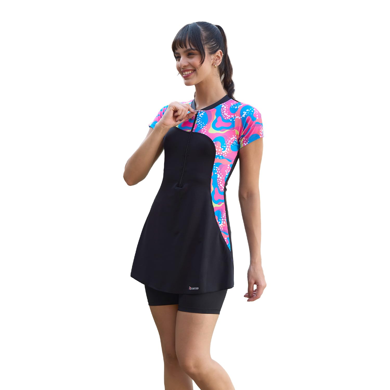Rovars Spandex One Piece Swimming Costume for Women I Removable Pads I Half Sleeves I Half Length I Front Zipper-picture-29