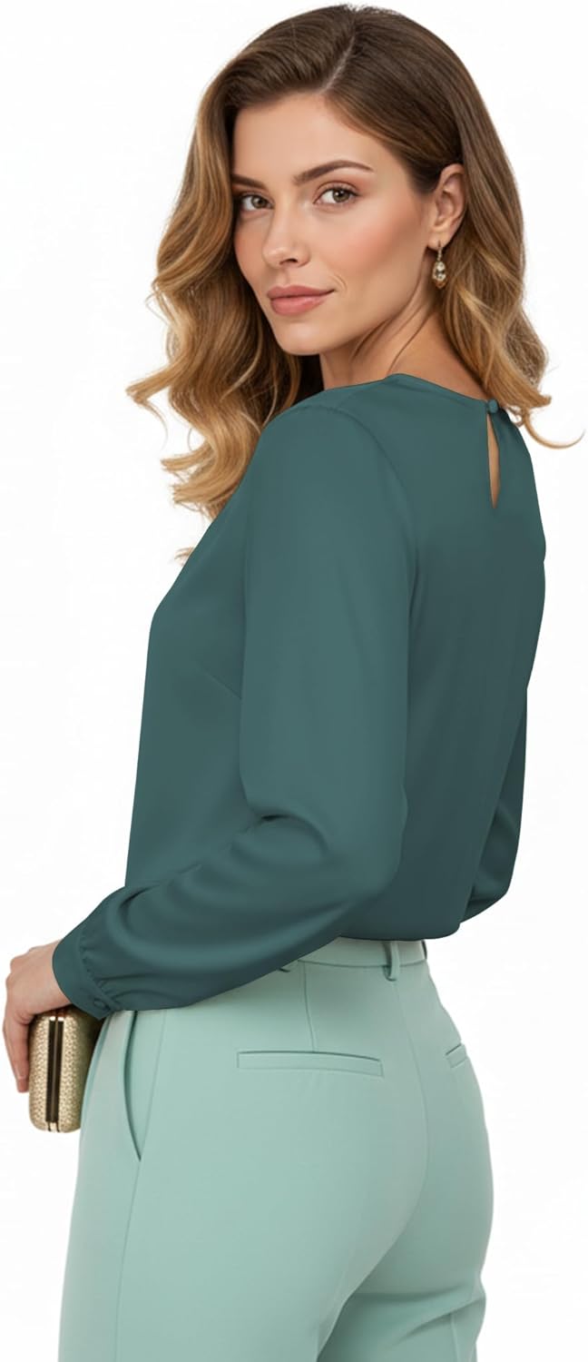 AURUZA Women's Satin Dressy Business Casual Blouse Crewneck Silk Pleated Long Sleeve Work Shirt Office Casual Spring Top - Image 5