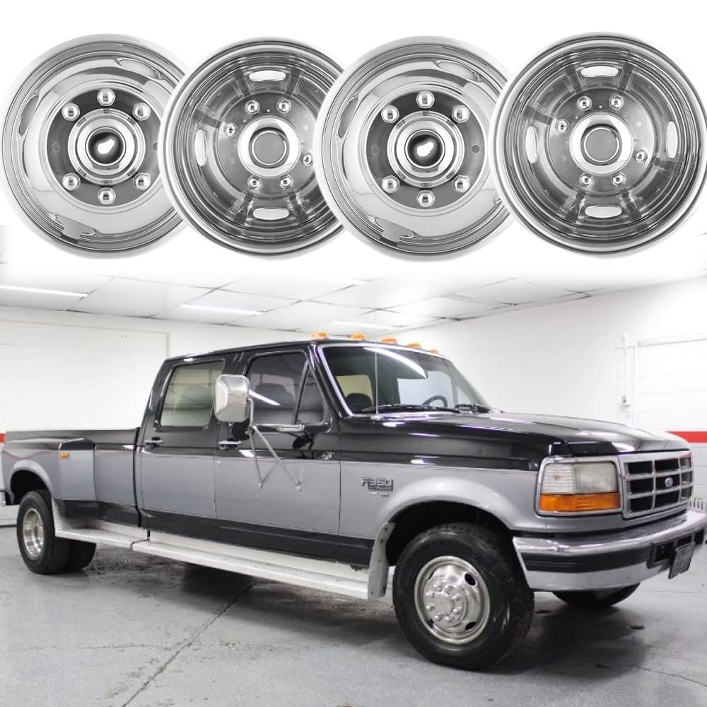 VICOJETOR 4pcs 17 Wheel Simulators Fit for 2005-2025 Ford F-350 F350, 8 Lug Protective Waterproof Replacements Bolt On Polished Stainless Steel Dually Hubcaps Wheel Covers with Installation Tool Kit