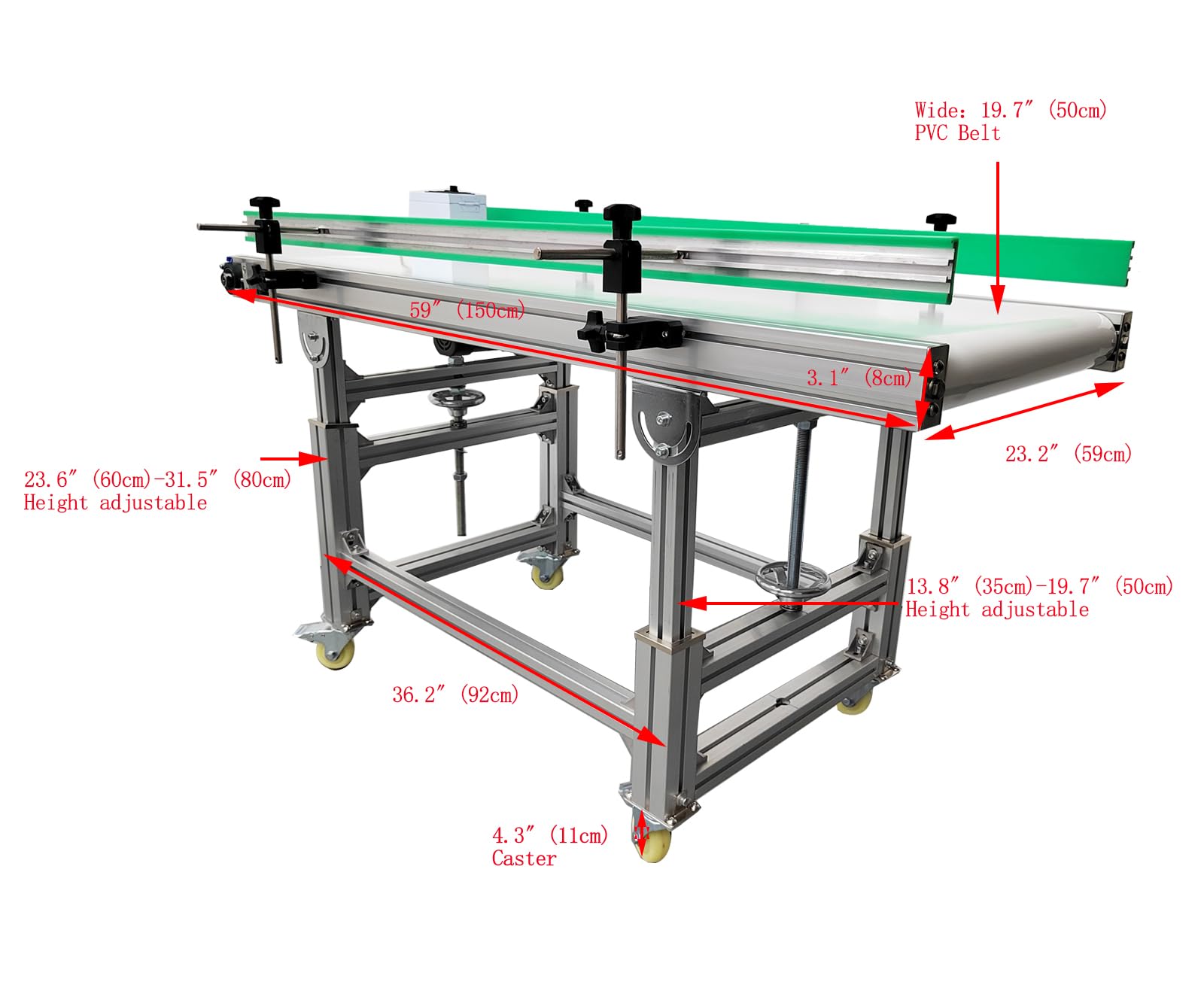 INTSUPERMAI PU Belt Inclined Conveyor Systems Adjustable Speed Double Guardrail Belt Conveyor Aluminium Alloy Frame Conveyor 59inch Length 19.7inch Width White Belt 110V