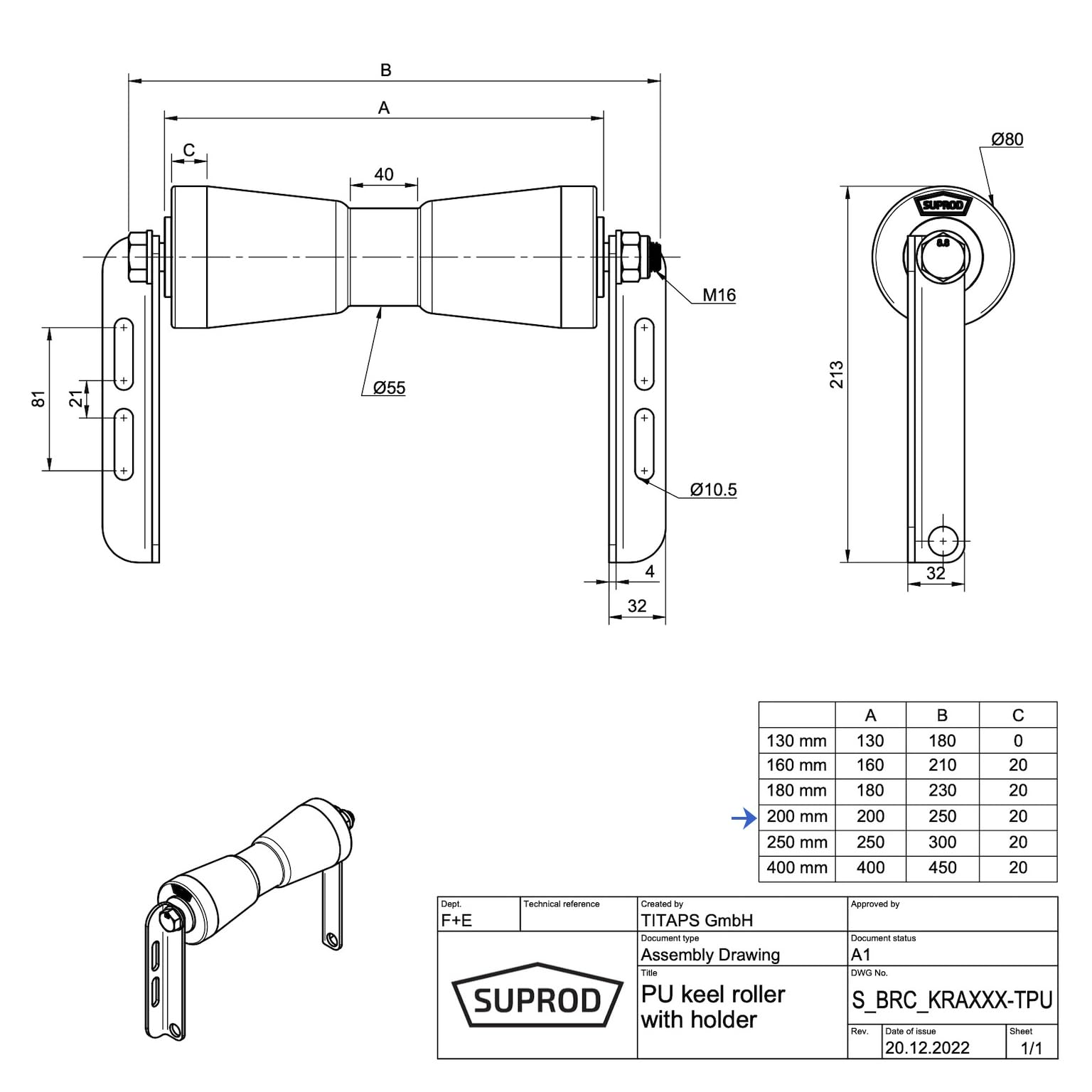 SUPROD Polyurethan Kielrolle mit Halter C Sliprolle Bootstrailer Sliphilfe verzinkt
