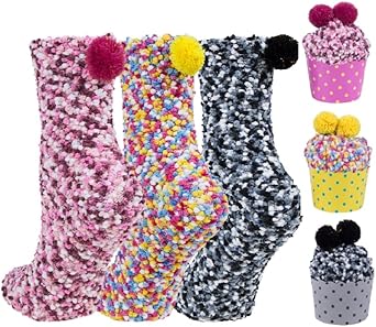 YSense 3 Pairs DIY Gift Socks for Women Girl Fuzzy Fluffy Socks Winter Slipper Socks Soft for Christmas With Gift Boxes Cupcake,ZY-A-black/Yellow/Red/3 pairs