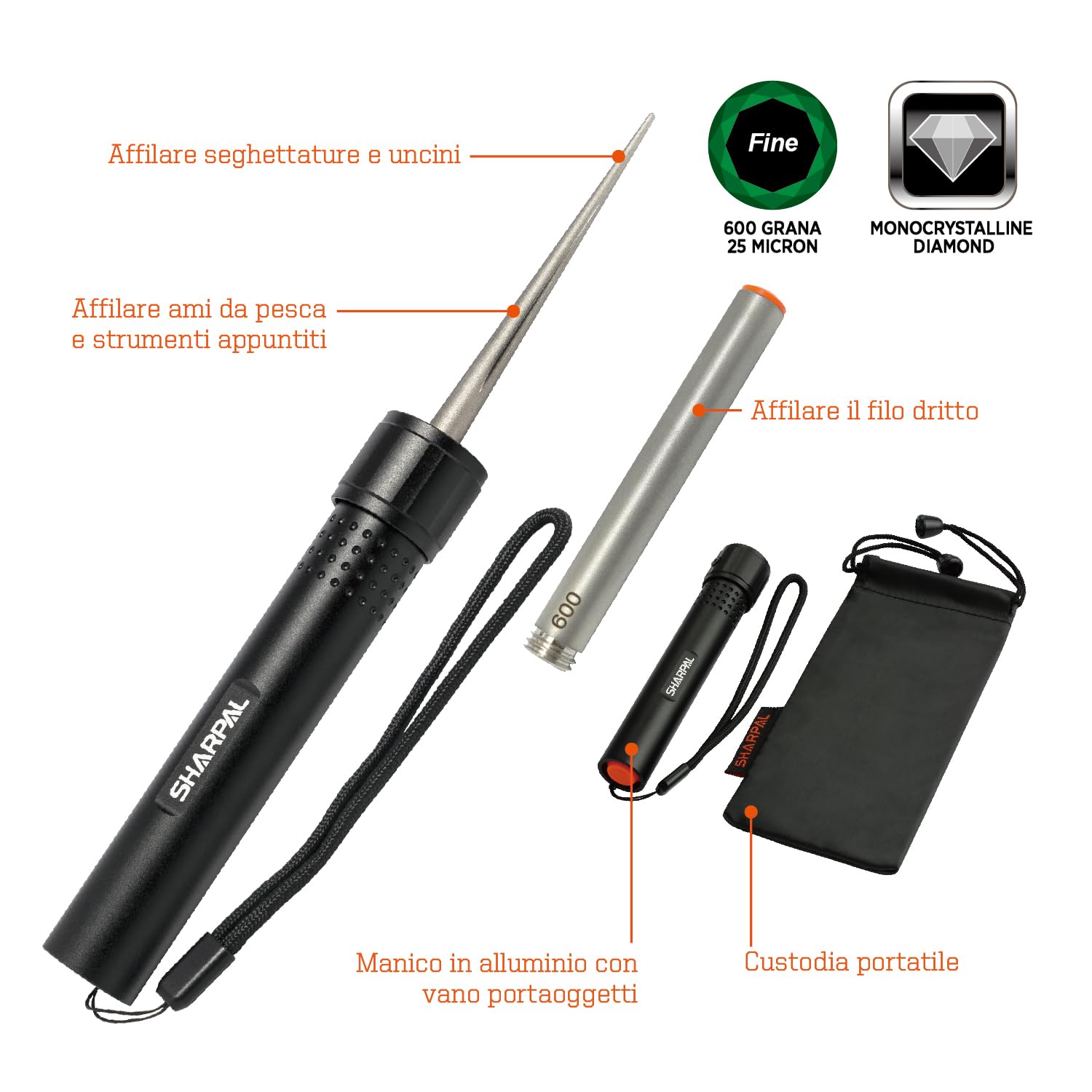 SHARPAL 178N 3-in-1 Affilatrice Barra di affilatura da 4” e 600 grani | Affila qualsiasi coltello e attrezzo con lama dritta, dentellatura e uncini | Resistente manico in alluminio