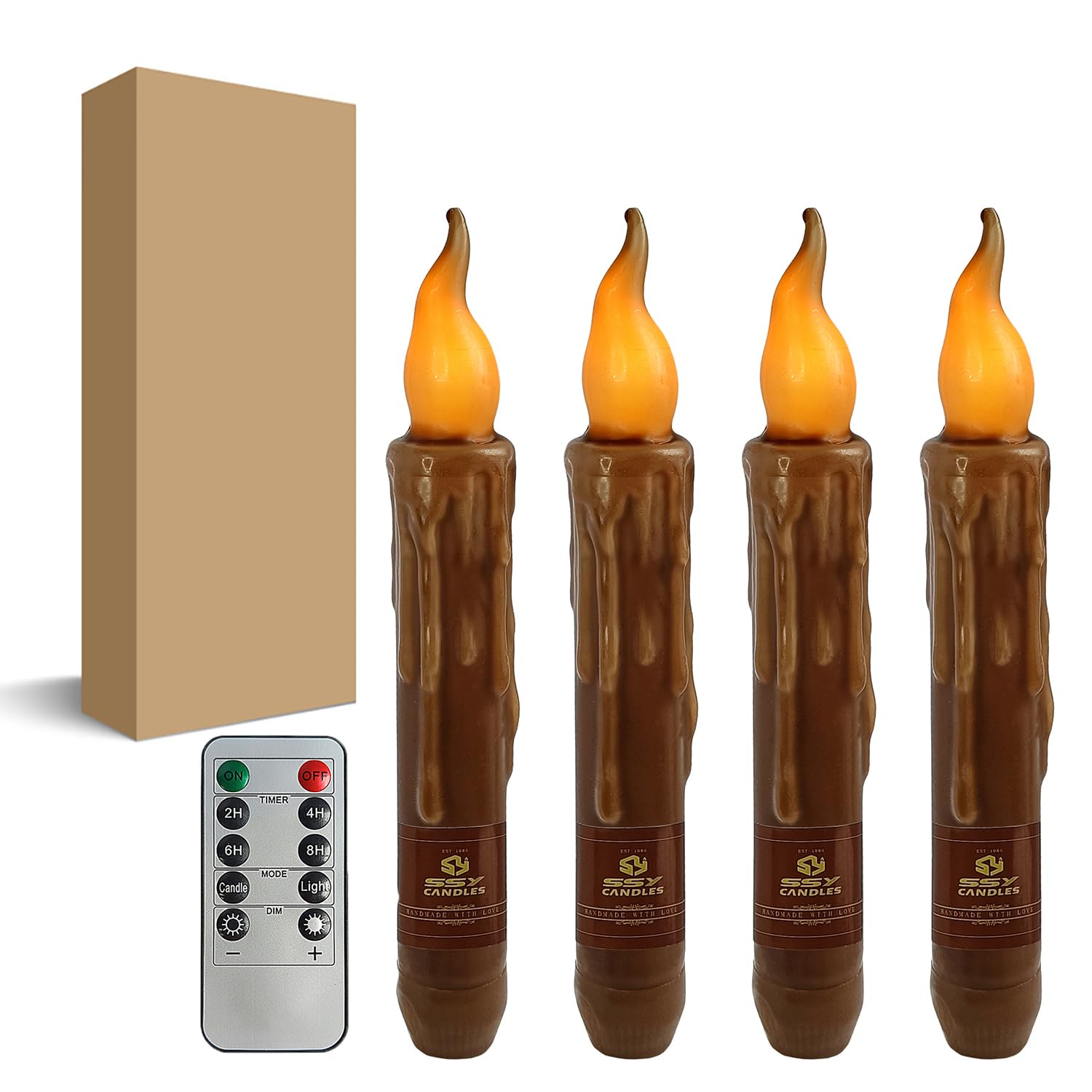 Brown Flameless Short Taper Candles, Real Wax Hand Dipped LED Battery Operated with Remote, Flickering Flame Lights for Festival Party Home Décor, 6.7 Inch Primitive Flameless Candles, 4PCS