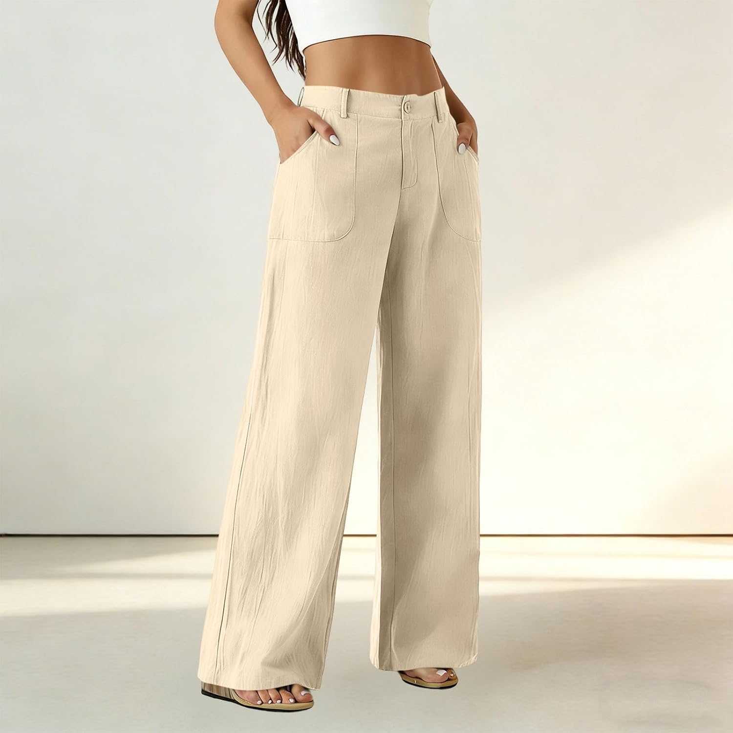 Womens Wide Leg Trousers Elastic High Waisted Dress Pants with Pockets Slacks Flowy Business Work Palazzo Pants