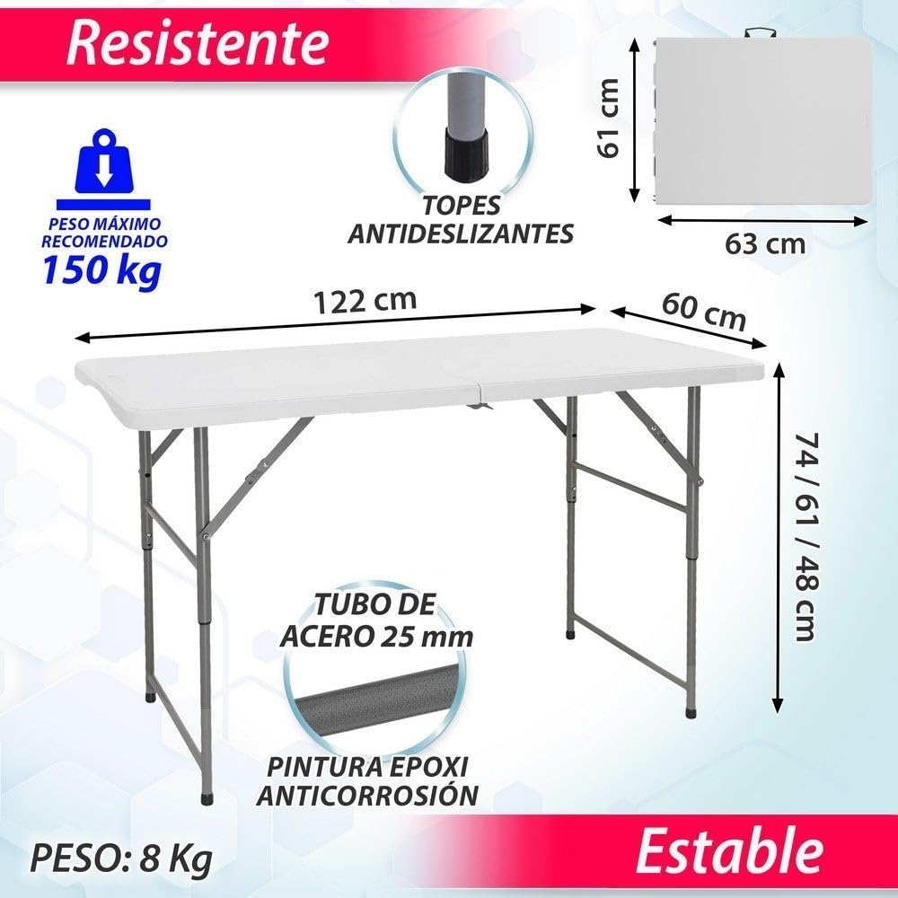 LOLAhome Mesa Plegable, Regulable en 3 Alturas, de Acero Anticorrosión y HDPE (De 122x60x74 cm) | Resistente, fácil Transporte, fácil Montaje | Ideal Acampadas, Picnic, Catering, Jardín, Terraza