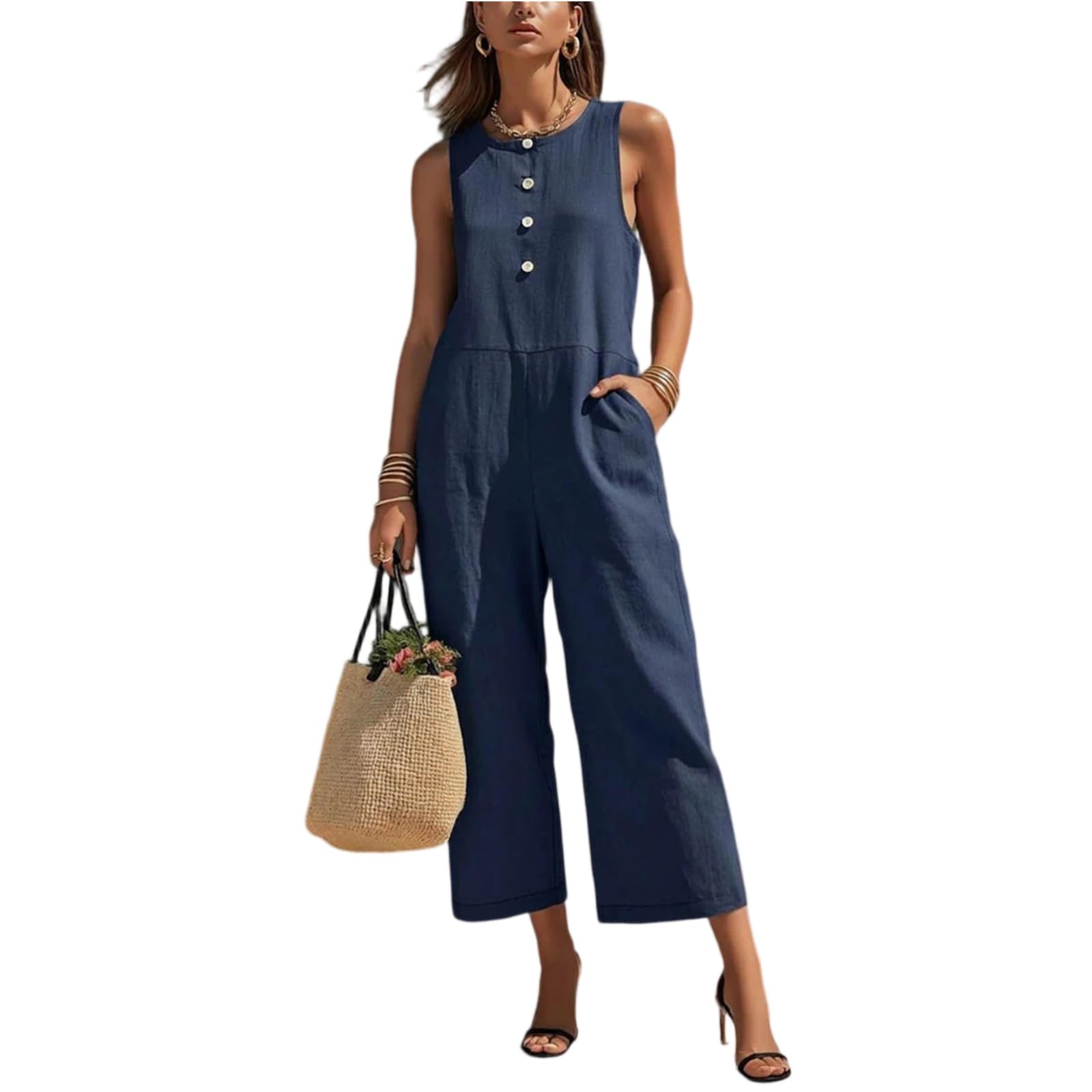 Ansenesna Jumpsuit Damen Sommer Elegant 3/4 Lang Overall Weites Bein Ärmellos Jumpsuits Für Damen 7/8 Baggy Einteiler Frauen Baumwolle Leinen Sommeroverall Leicht Casual Romper Locker Playsuit