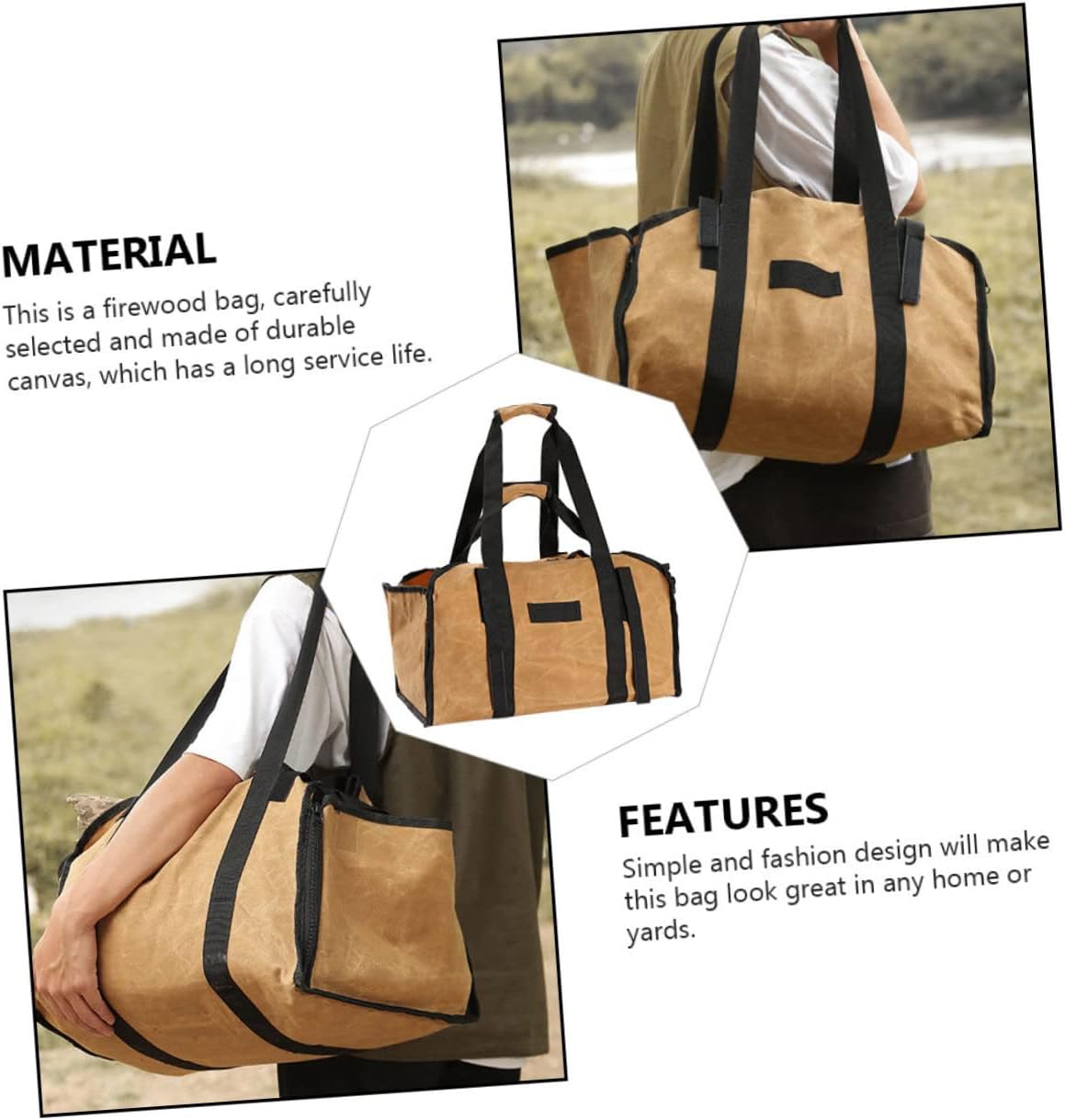 Zerodeko Portable Firewood Carrier Bag Heavy Duty Canvas Log Holder for Indoor Outdoor Use Large Capacity Khaki Wood Tote for Camping Fireplaces