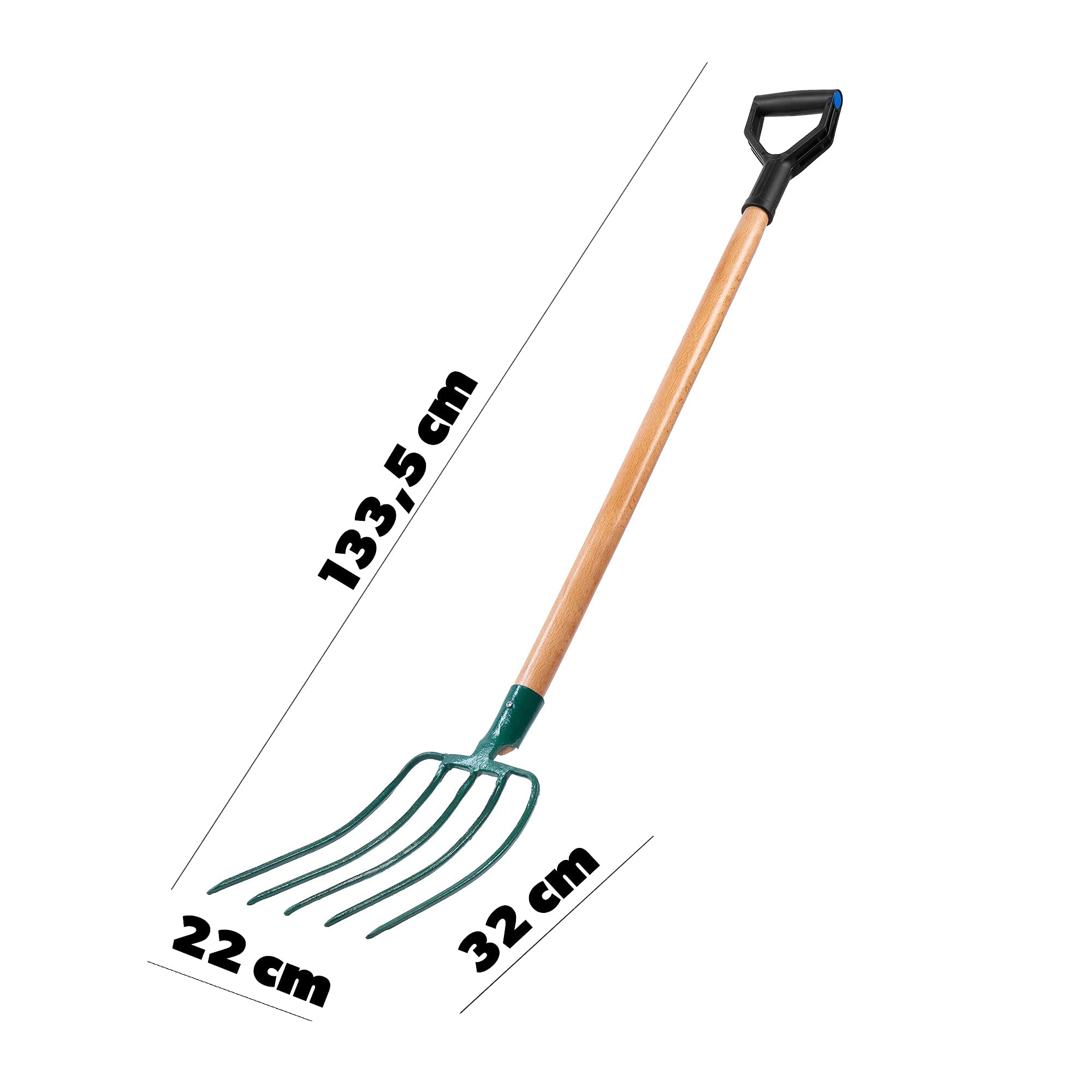 KADAX Forca da Giardino in Acciaio Resistente per Coltivazione e Lavori Agricoli, Forcone per Fieno con Manico Ergonomico in Legno (5 Denti)