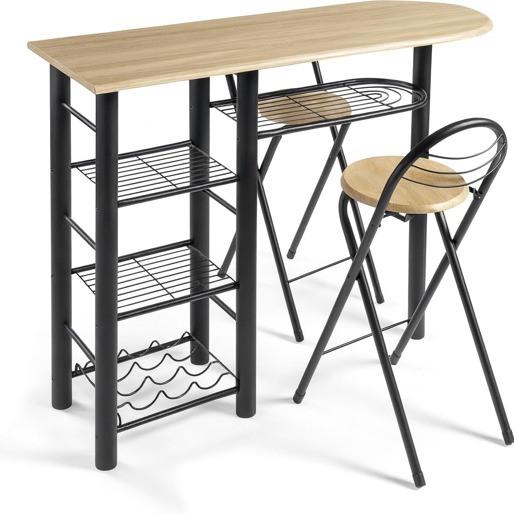 DUPI Conjunto de Mesa de Cocina Bar | Moderna con 4 Estantes | Funcional para Almacenar | Práctica con Taburetes Plegables | Tamaño ‎120 x 40 x 87 cm | Metal y Madera | Taupe/Negro,