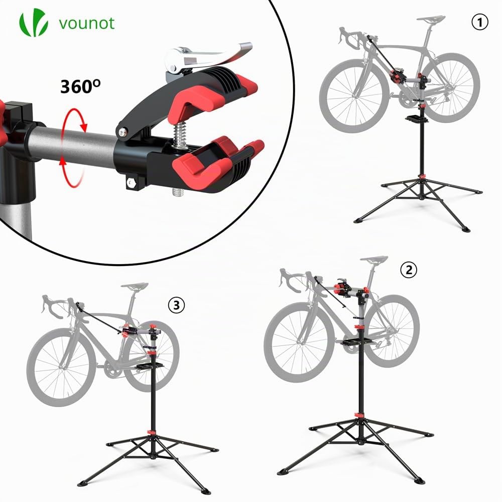 VOUNOT® Support de Réparation Vélo Pied d’Atelier Hauteur Réglable pince Rotative 360° avec Plateau à Outils Magnétique Pour tous les Types de Vélos Charge Stand de Réparation Max 30kg