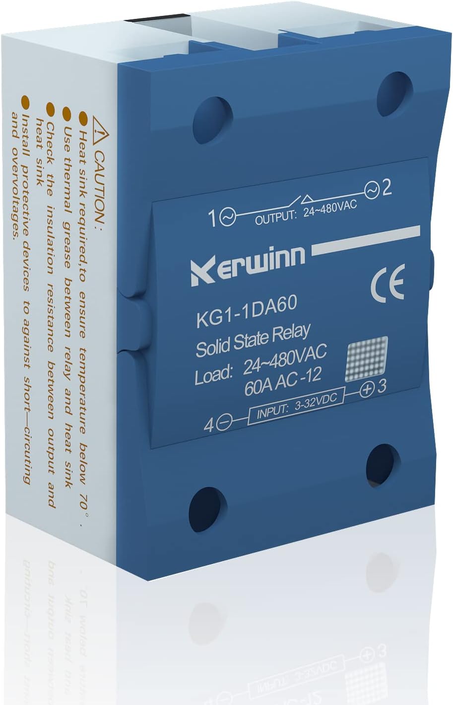 KERWINN Solid State Relay DC to AC 60A Input 3-32VDC to Output 24-480VDC Single Phase SSR Relay (SSR-60DA)