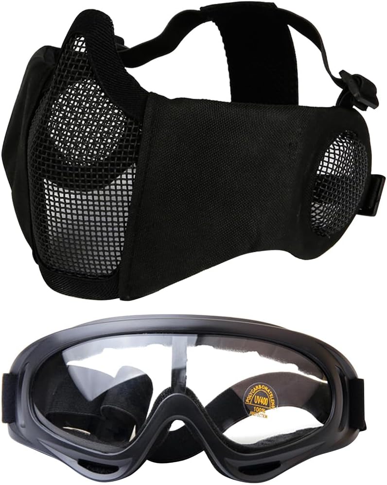 Ventilated Mesh Half Face Mask with Adjustable Outdoor Goggles for Airsoft