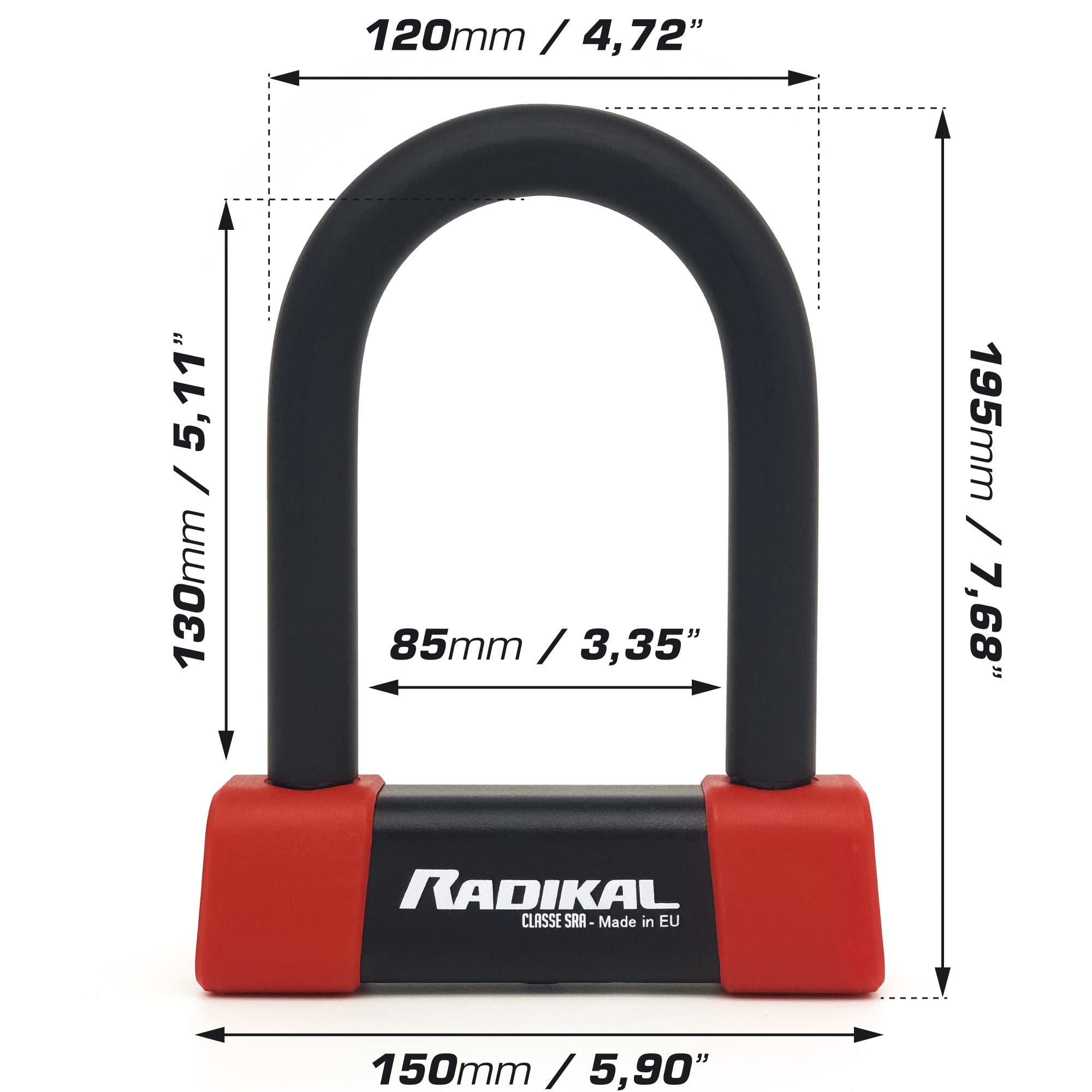 RADIKAL RK120R Candado Moto U Alta Seguridad Homologado SRA, 120x120mm, Arco ø18mm Acero Cementado Revestido de Doble Cierre, Cerradura Antiganzúa, Antirrobo U para Motocicleta Scooter, Bici Eléctrica