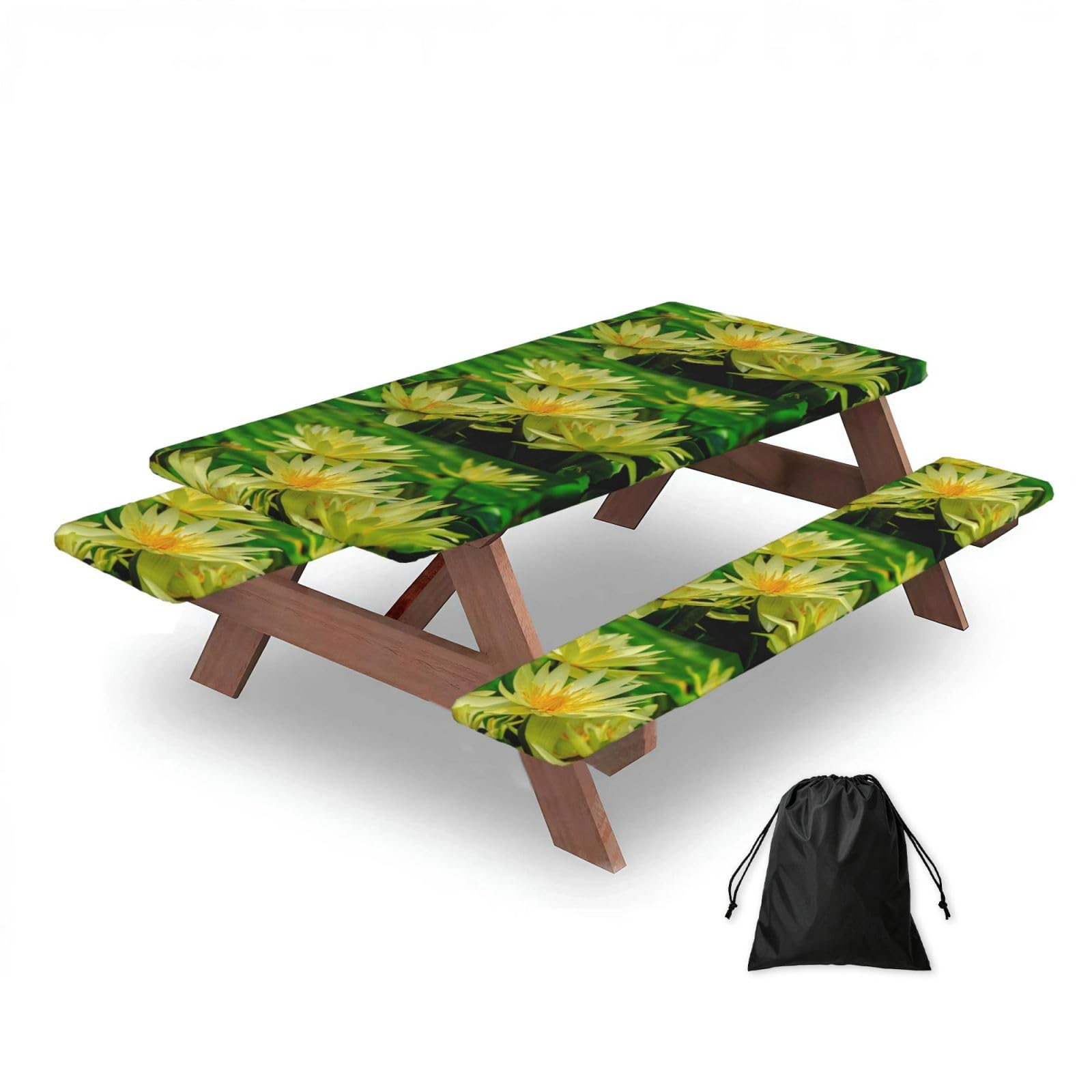 Dopklna As Picture Water Lily, Picnic Table Cover With Bench Covers -Waterproof Elastic Fitted Tablecloth For Garden Camping Patio 76X152cm