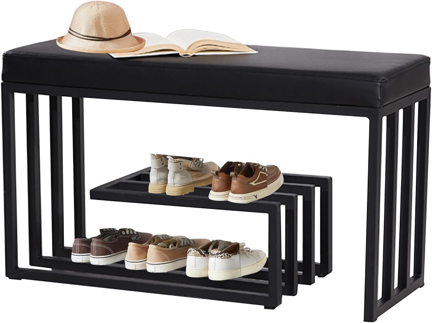 Banc de rangement pour entrée étroite avec étagère à chaussures et assise rembourrée en cuir