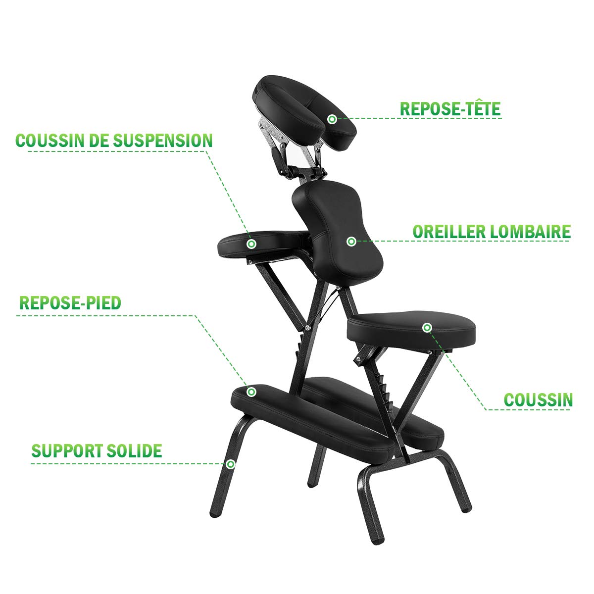 COSTWAY Chaise de Massage Professionnel Portable Solide et Légère Chaise de Spa Pliable Ergonomique,Idéal pour Tatouage,Hauteur Réglable 110-120 CM avec Sac de Transport (Noir)