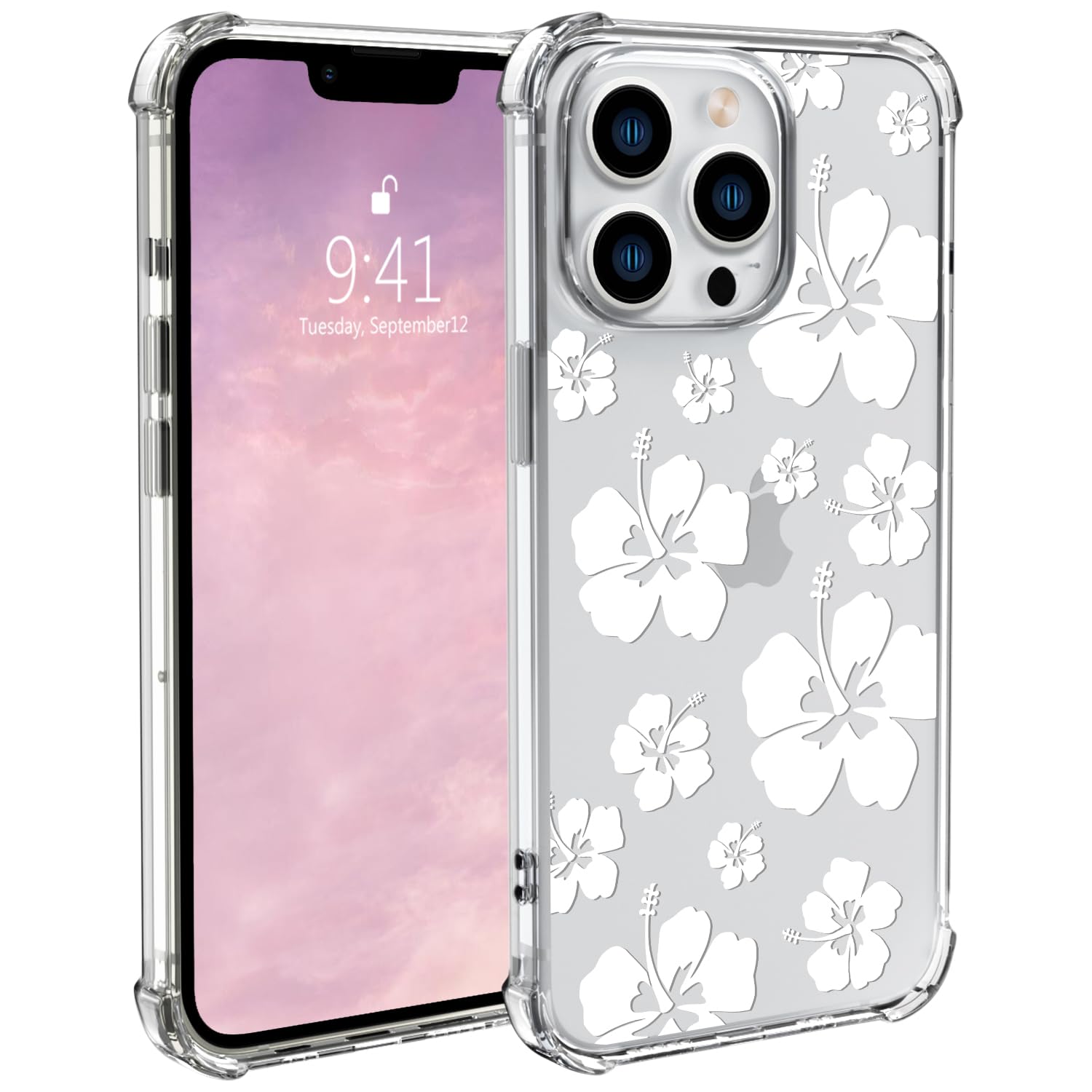 White Hibiscus Floral Phone Case for iPhone 15 Hibiscus Flower Case Cover Clear Phone Case w/Four Corner Reinforced Shockproof Girly Women Transparent Preppy Phone Case