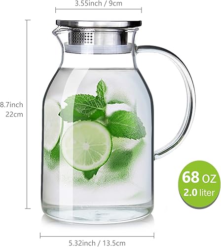 Miniatura 7 de Jarra de agua de vidrio de 88 onzas con tapa y boquilla, jarra de agua de alta resistencia al calor para agua calientefría y té helado, vino, café,