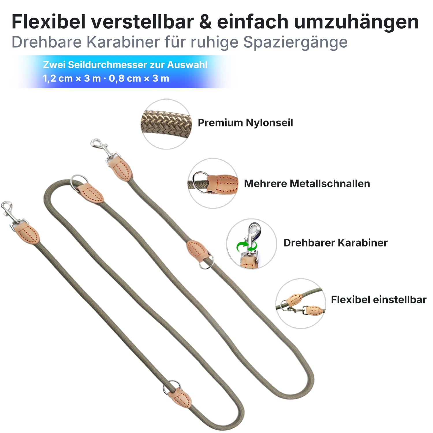 3 m Verstellbare Multifunktions-Hundeleine aus Nylon & Leder – Führ-, Schulter- & Hüftleine für kleine bis große Hunde – Robust für Training, Spaziergang & Joggen (Schwarz, 3m x 0.8cm)