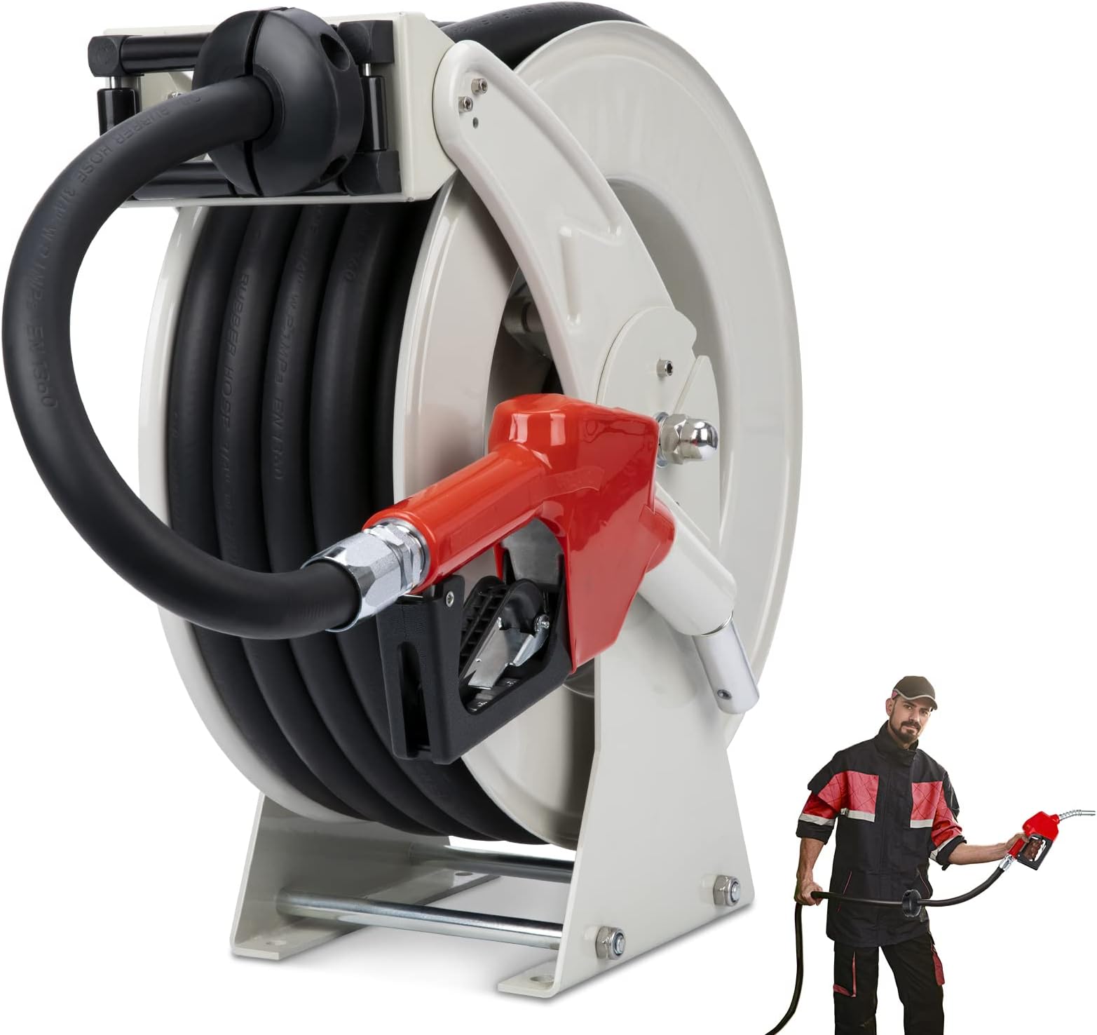 - Fuel Hose Reel Retractable 3/4'' 50ft with Fueling Nozzle, Diesel Fuel Hose Reel Auto Spring Driven 300 PSI Industrial, Swivel Steel Construction Reel For Plane Ship Vehicle