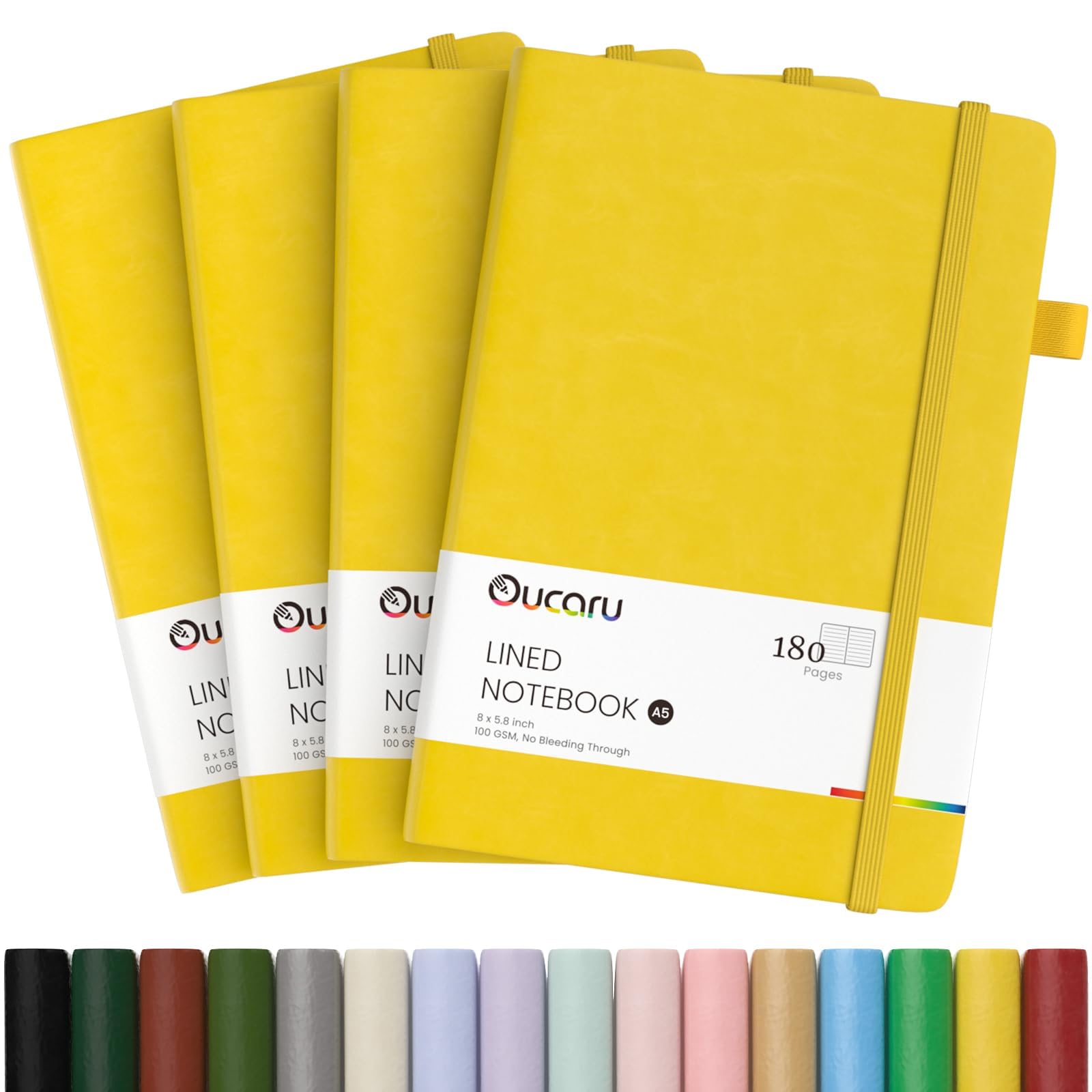 Oucaru Quaderno a righe, confezione da 4, 180 pagine, formato A5, per scrittura, carta spessa 100 g/m², piccoli quaderni quotidiani per donne, uomini, lavoro, scuola, viaggi