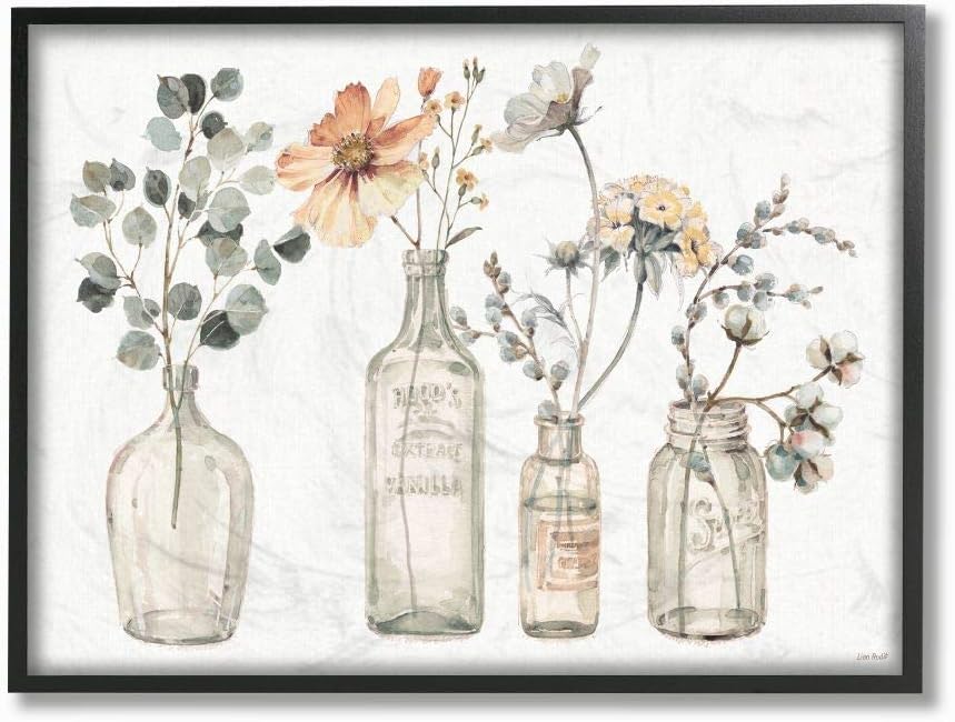 Stupell Industries Antique Floral Bouquets Flowers Glass Jar Painting,Black Framed,11 x 14