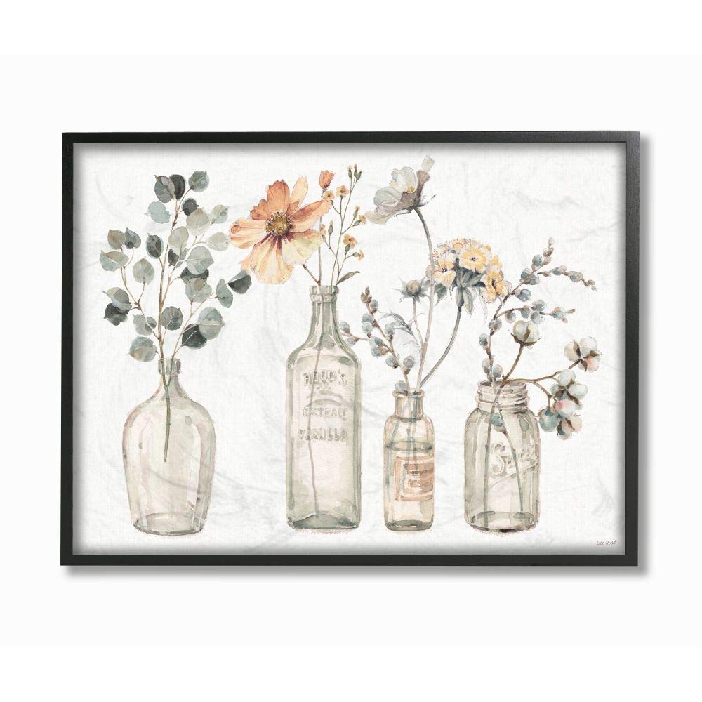 Stupell Industries Antique Floral Bouquets Flowers Glass Jar Painting,Black Framed,11 x 14
