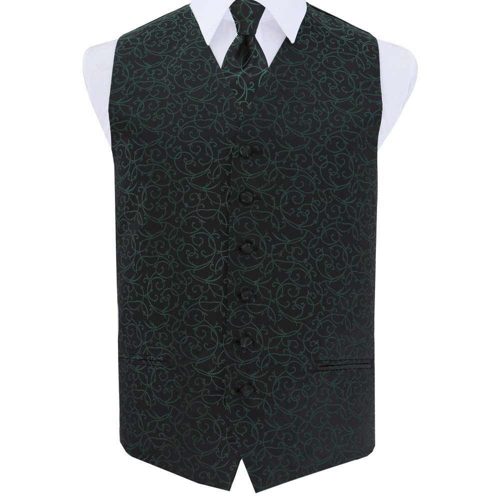 DQT Mens Swirl Floral Jacquard Waistcoat & Tie Set (2pc) - Wedding, Business & Formal - Black and Green 48" (4XL)