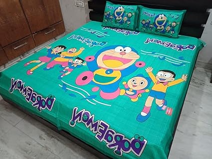 Green Doraemon Cartoon Print Double Bed Sheet with 2 Matching Pillow Covers, Pure Cotton Comfortable Sleep Bed Sheet, Kids Bedsheet, Cartoon Bedsheet for Your Child