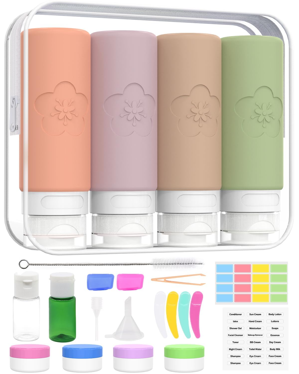23 Pack Travel Bottles for Toiletries 100 ml, Leak Proof Refillable Squeezable Containers Kits with Clear Zipper Bag and Labels, Portable Silicone Travel Bottles Accessories for Shampoo Conditioner